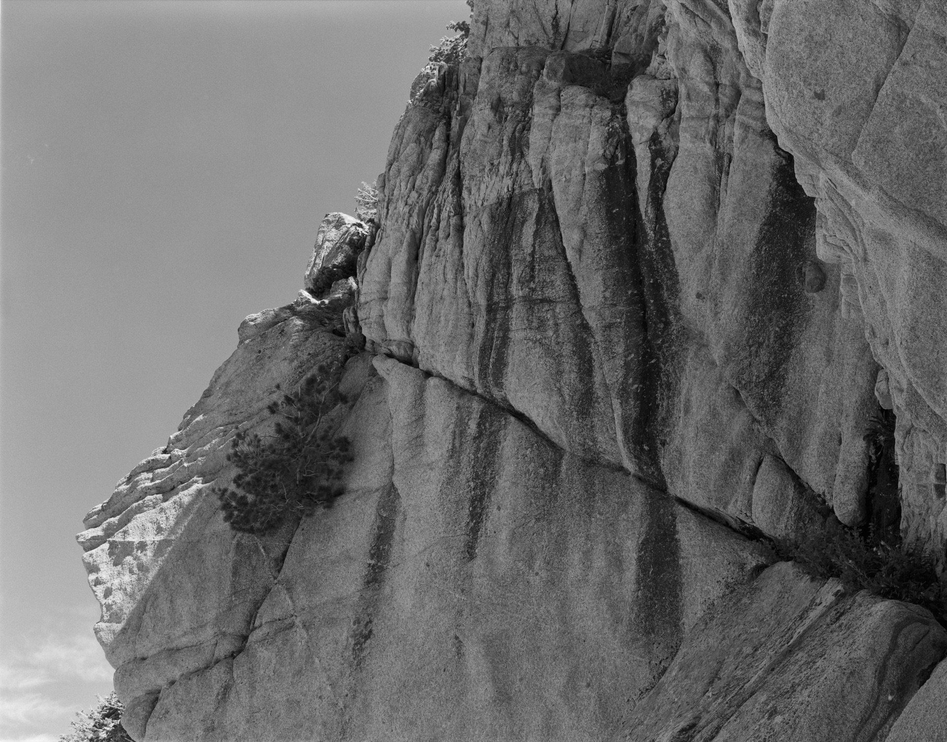 Black and white photo of a cliff in shade.