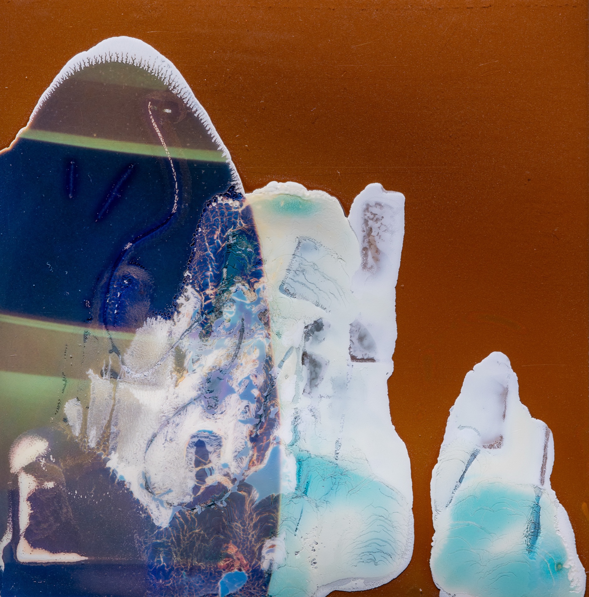 Abstract red, yellow, white and blue polaroid photo with a daft punk helmet