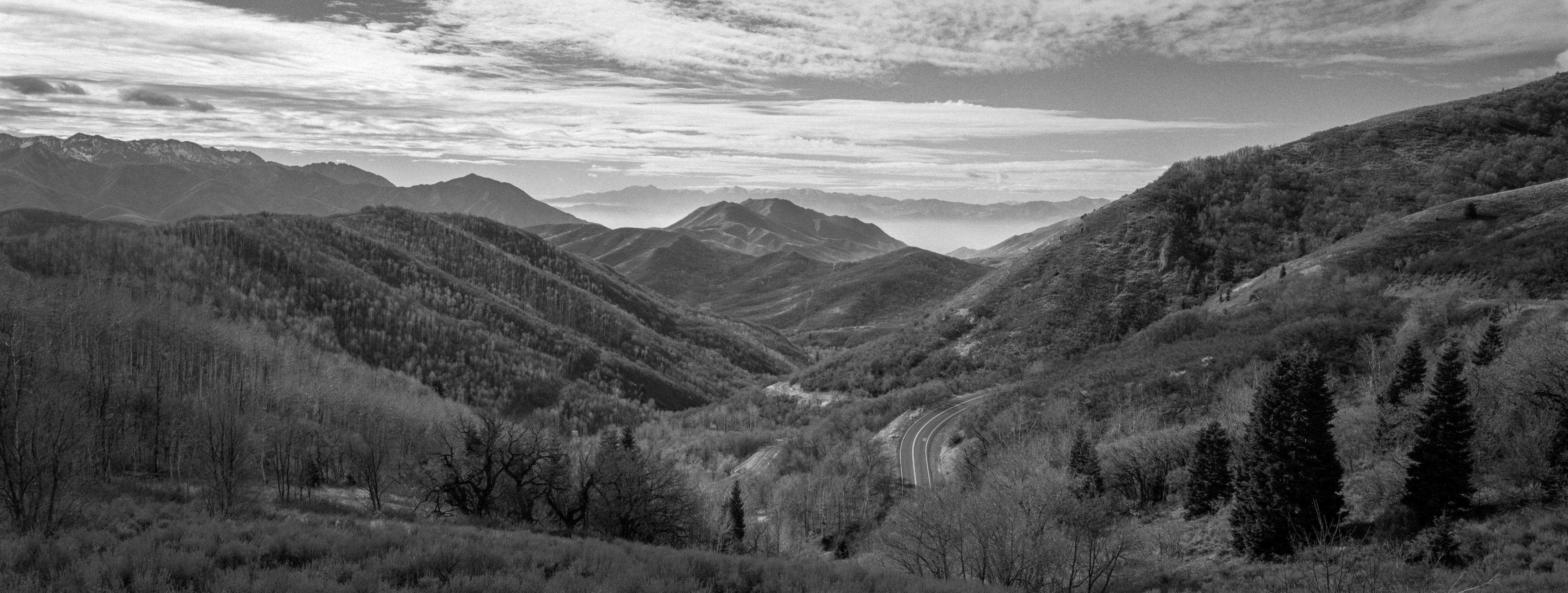 Black and white panoramic photo of East Canyon.