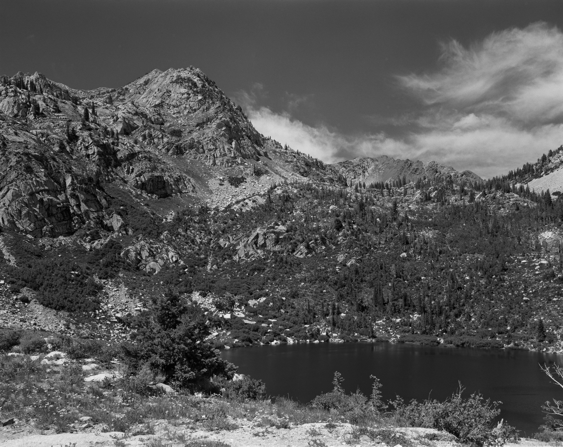 Black and white photo of a Silver Lake.